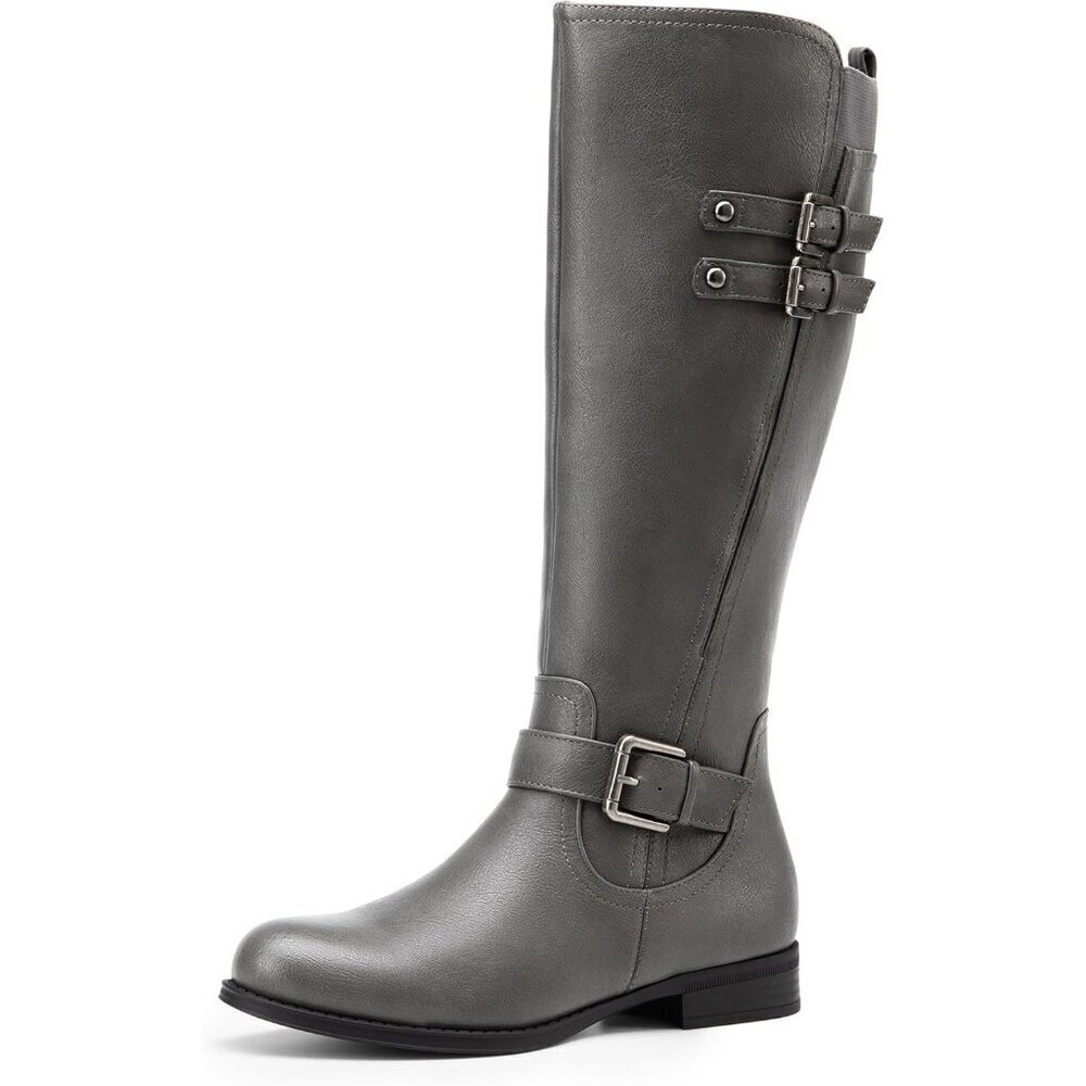 🆕Women's Faux Leather Grey Knee High Buckle Chunky Heel Flat Riding Pirate Boot